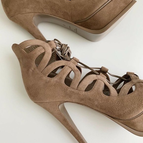 NEW YSL Saint Laurent Tribute Lace Up Platform Sandals in Taupe Suede Size 7 - Picture 5 of 7